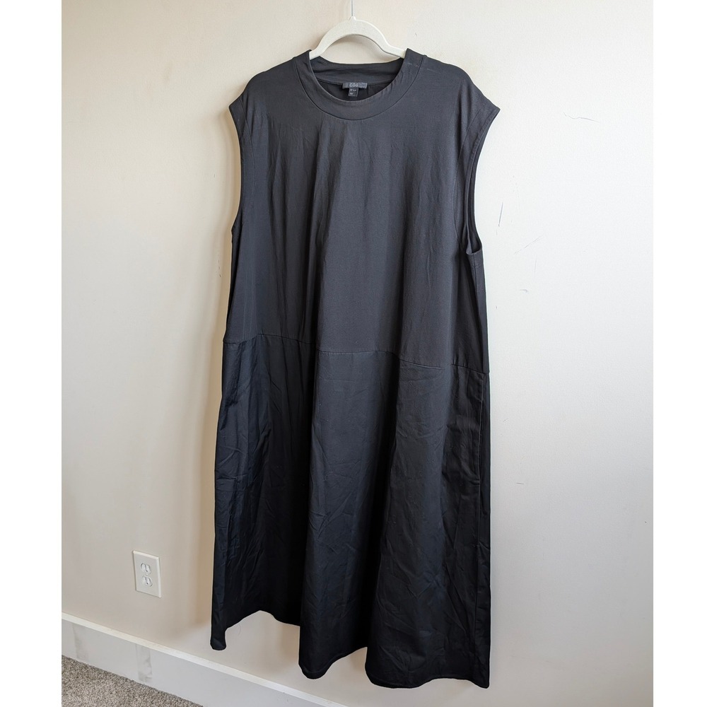COS Black Mixed Media Sleeveless Midi Dress Cotton Jersey Poplin L 0732964 9 - Picture 3 of 7